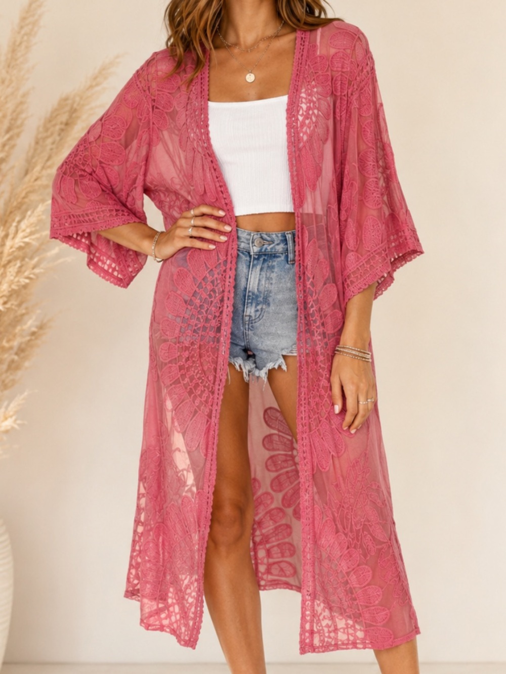Jodifl Coral Pink Lace Kimono Cardigan S/M Boho Beach Cover Up Duster